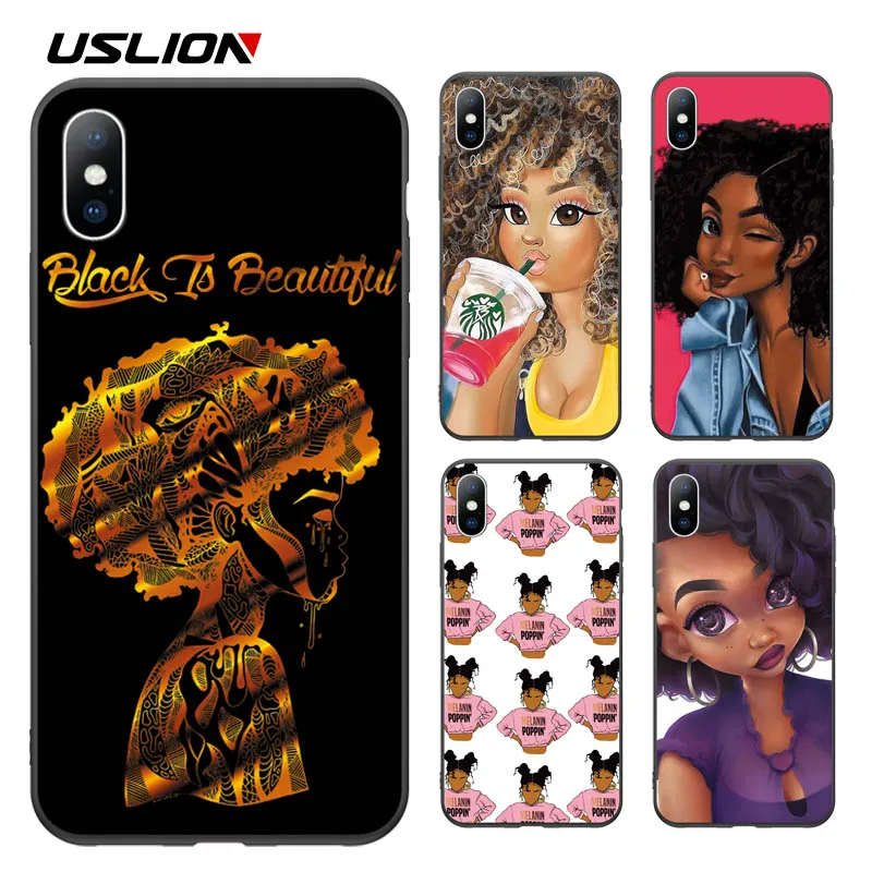 

USLION Black Little Girl Print Phone Case For iPhone X XS XR Xs Max Letter Soft TPU Back Cover For iPhone 5 5s SE 6 6s 7 8 Plus