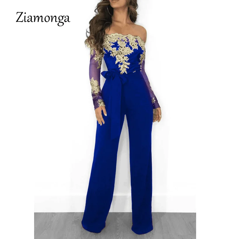 Ziamonga женский комбинезон с широкими штанинами и открытыми плечами черный сетчатый комбинезон с длинным рукавом комбинезон с вырезом-лодочкой кружевные лоскутные вечерние комбинезоны - Цвет: Blue With Gold