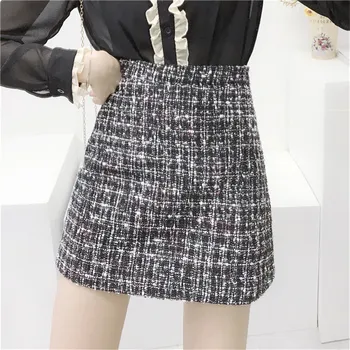

Elegant A Line Short Skirts 2018 Autumn New Brand Runway High Waist Slim Wild Coarse Tweed Skirt Vintage Short Mini Skirts