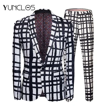 

YUNCLOS Plaid Print Men's Slim Fit Suits 2 Pieces Jacket & Pant Wedding Party Suits One Button Single Breasted Men Suits