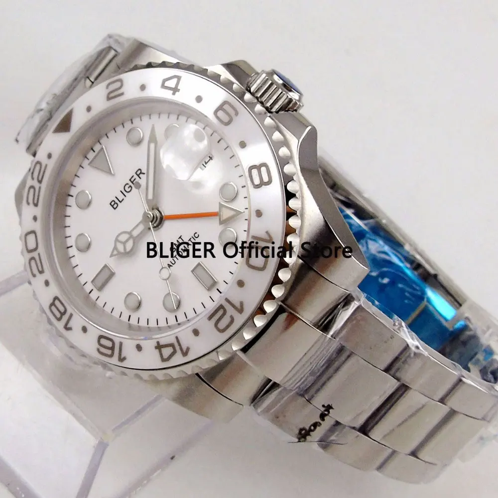 

BLIGER 40mm White Dial Ceramic Rotating Bezel Luminous Marks GMT Function Sapphire Luxury Automatic Movement Men's Watch B139
