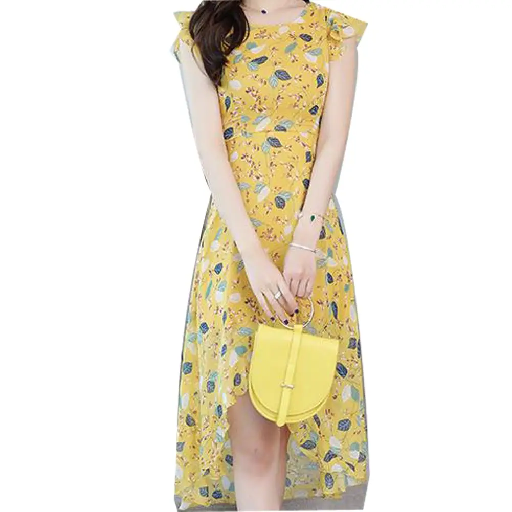 

Yfashion Summer Women Sweet Flower Printing Thin Waist Ruffled Sleeves Swallow Tail Chiffon Dress