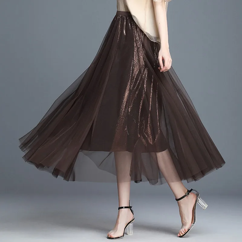 

ONLYSVTER Spring Autumn Mesh Women Tulle Skirts Elastic High Waist Tutu Skirt A Line Blingblling Inner Chic Pleated Skirt