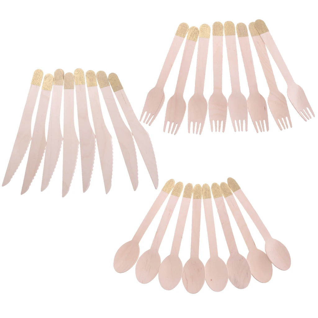 Pieces of 24 Rustic Multi Colors Wooden Cutlery Set Fork Spoon Knife Disposable Party Decorations
