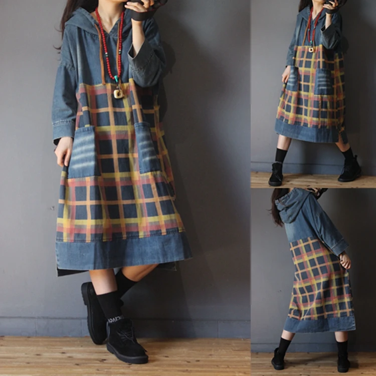 

Spring Autumn Women Casual All-match Ultra Loose Plus Size Vintage Pockets Plaid Patchwork Hooded Denim Dresses
