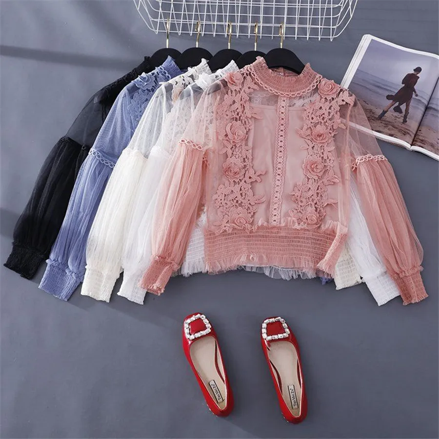 الربيع الصيف النساء الرباط الزهور البلوزات قميص السيدات قمم مثير شبكة البلوزات شفافة أنيقة انظر من خلال قميص