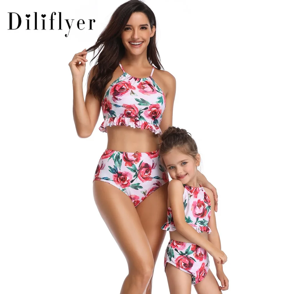 Parent-child Vintage Printed High Waist and High leg cut Off Shoulder Halter Removable Push up Padded Bikini Top 1