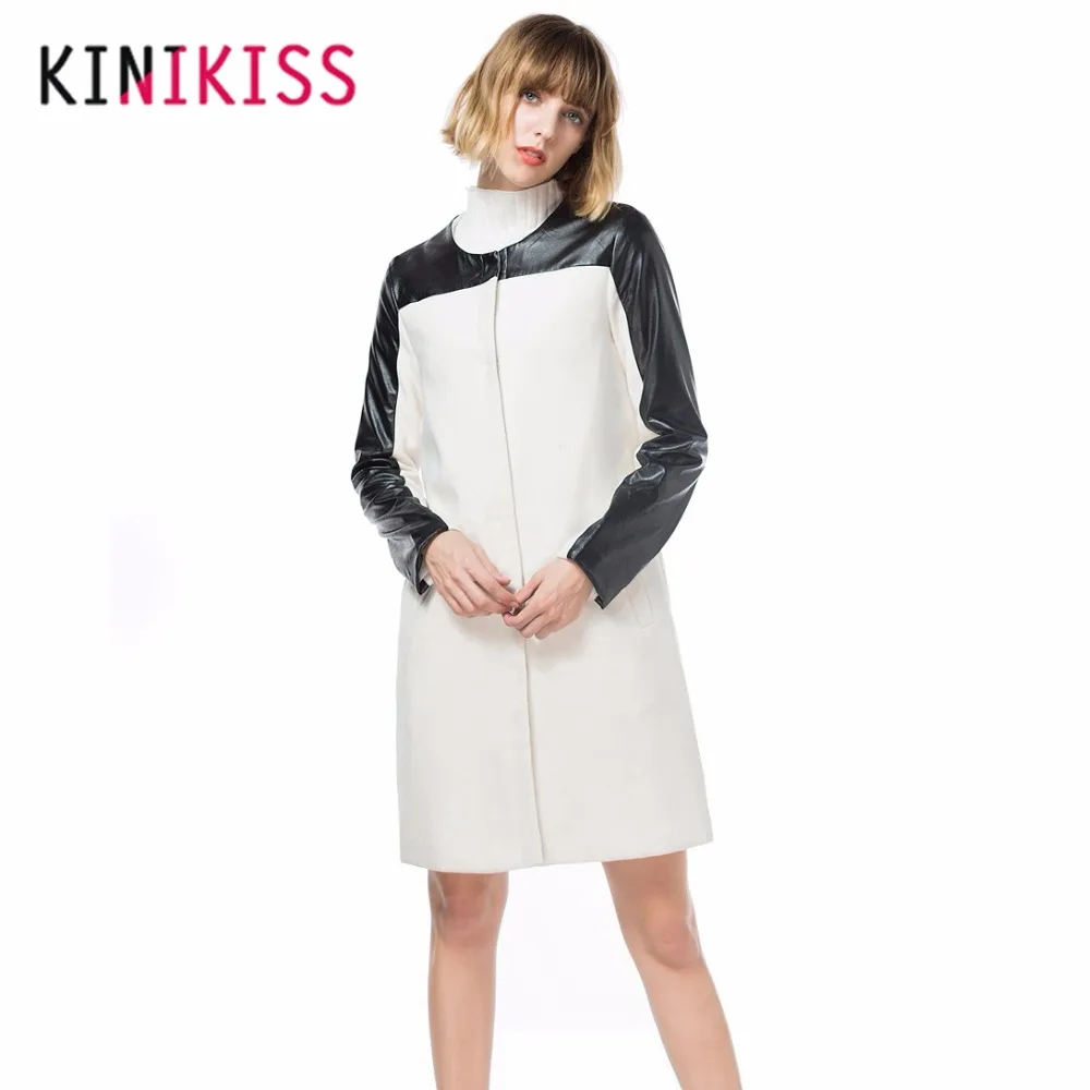 Winter Autumn White Poly Urethane Spliced Long Sleeve Coat Leather