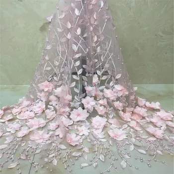 

Wedding Net Lace Fabric African Beaded Nigerian Lace Fabric 2018 High Quality Lace Big 3d Flowers Tulle Lace Fabric HJ1354