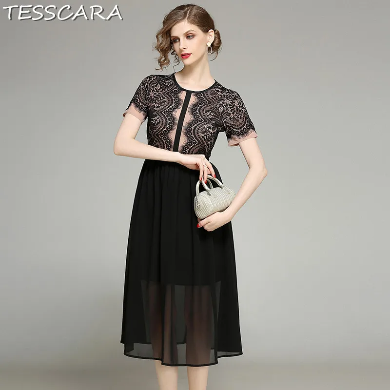 

TESSCARA Women Summer Elegant Lace Dress Female Office Lady Party Mesh Robe Femme Fashion Designer High Quality Black Vestidos
