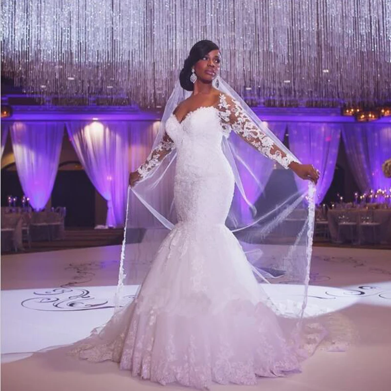 WDZ80 Vestido Де Novia Африканских Кружева Русалка Свадебные Платья 2017 с Длинным Рукавом
