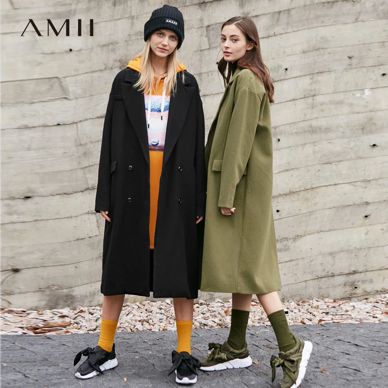 

Amii Minimalist Long Woolen Coat Winter 2018 Causal Solid Turn-down Collar Double Breasted Cool Female Cashmere Coat Jacket