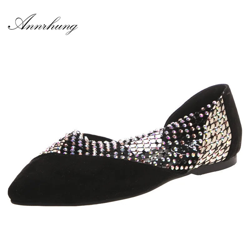 

Hot Sell Rhinestone Hollow Outs Flats Women Sexy Pointy Toe Crystal Air Mesh Patchwork Mules Comfort Flat Sadals Women