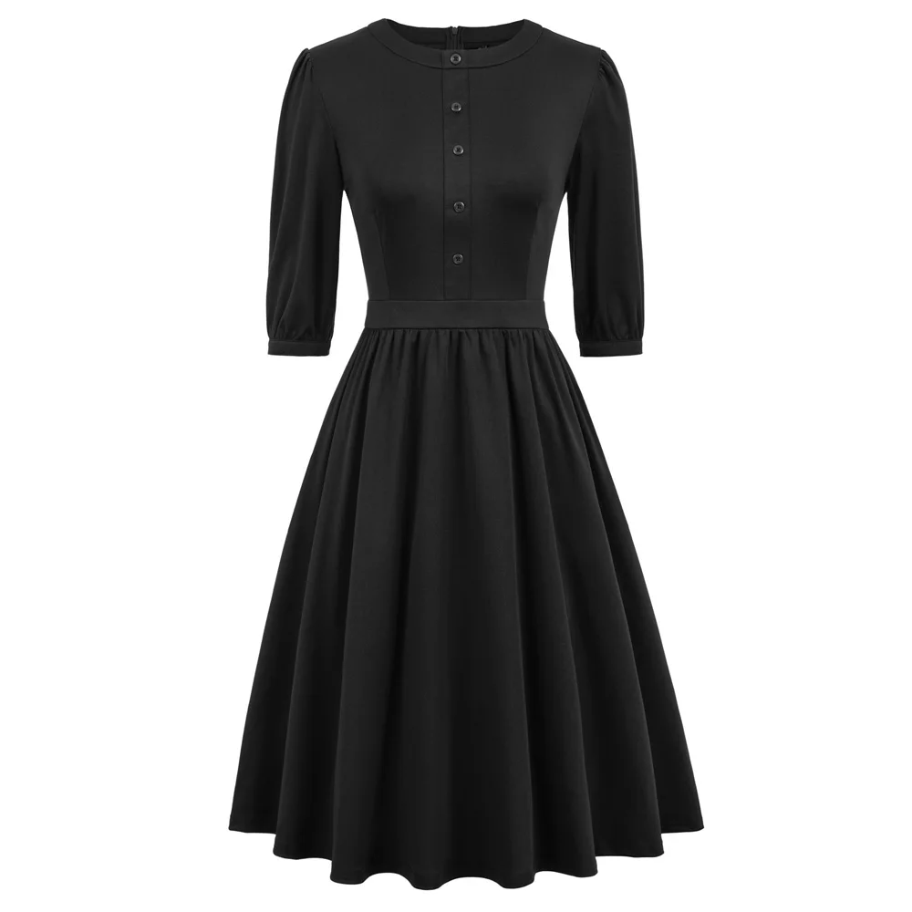 

flare dress Women 3/4 Puff Sleeves Crew Neck Buttons ruched solid color ladies summer elegant swing knee-length A-Line Dress