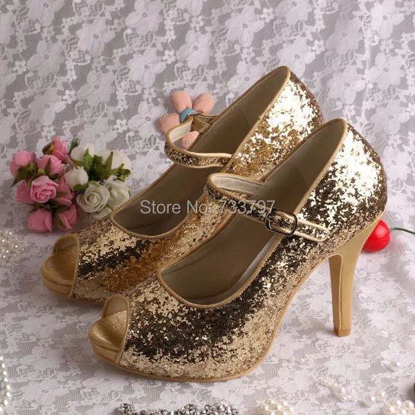 Wedopus Custom Handmade Shiny Glitter Wedding Gold Shoes Party for Women Mary Jane 2016