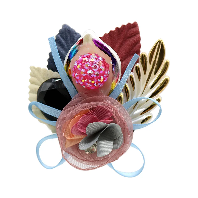 Fashion handmade fabric flower brooch acrylic Leather bottom brooches woman jewelry bride wedding corsage clothes accessories