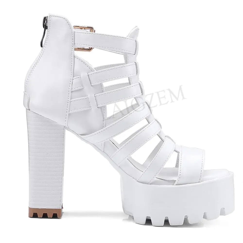 LAIGZEM FASHION Women Sandals Chunky Heels Sandals Straps Back Zipper Faux Leather Ladies Shoes Summer Woman Big Size 33-45 (13)