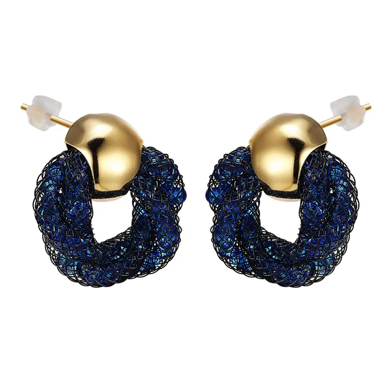 

Ethnic Blue Mesh Stud Earrings for Women Handmade Small Gold Crystal Earring Ladies Gift