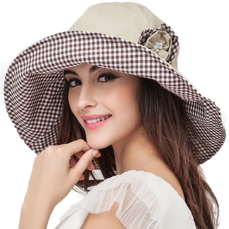 Женская складная летняя шляпа из хлопка FS, пляжная шляпа от солнца с большими полями, с защитой от УФ-излучения, с декоративным цветком, цвета хаки, летняя - Цвет: Хаки