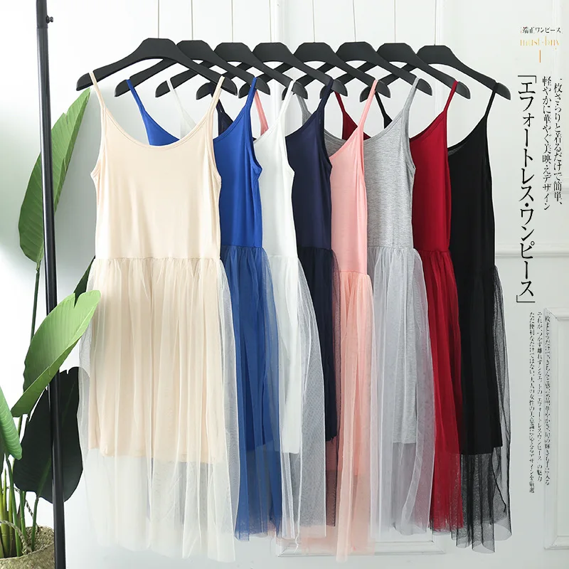 

Summer 2019 Full Slips Spaghetti Slips Modal Mesh Underdress Pure Color Comfortable Clothing for Women 7 colors