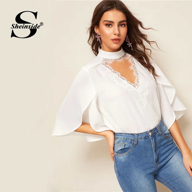 

Sheinside Casual Contrast Lace Trim Blouse Women 2019 Summer Elegant Flutter Sleeve Blouses Ladies Solid Front V Cut Top