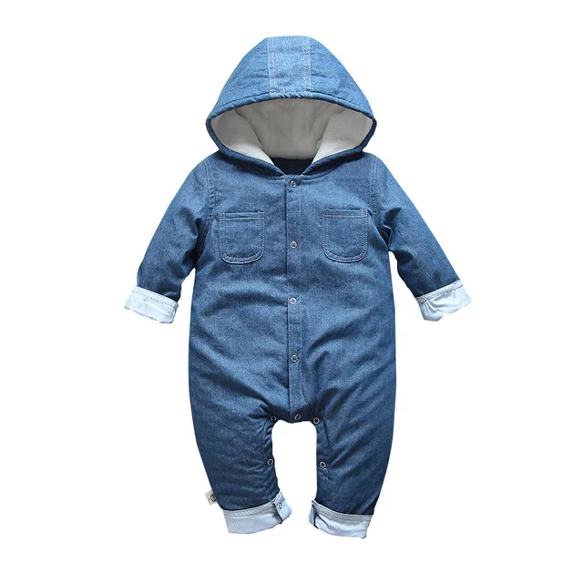 

High quality baby boys girls clothes winter thick warm denim hoodie jumpers cotton padded flannel lined bodysuit cool outfits