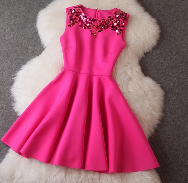 

Free Shipping Autumn Winter New Arrival Elegant Round Collar Sequined Sleeveless Collect Waist Formal Dress