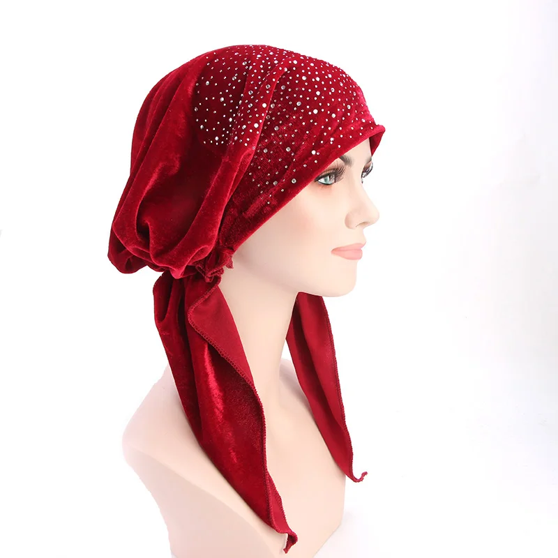 Новые женские бархатные шарфы со стразами, предварительно завязанные, тюрбан, головной убор, шапка Chemo, шапочка под хиджаб, аксессуары для волос