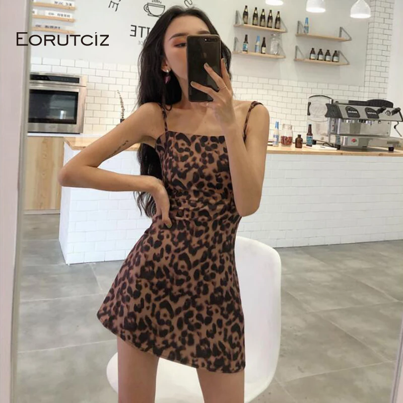 

EORUTCIZ Summer Tunic Strapless Dress Women Leopard Vintage Sexy Slim Basic Dress Slim Sleeveless Dress LM274