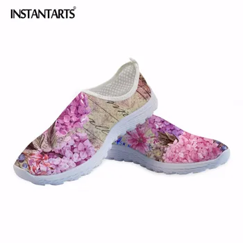 

INSTANTARTS Floral Pattern Women Slip On Flat Shoes Summer Breathable Mesh Shoes Lightweight Sneakers Girls Beach Water Shoes