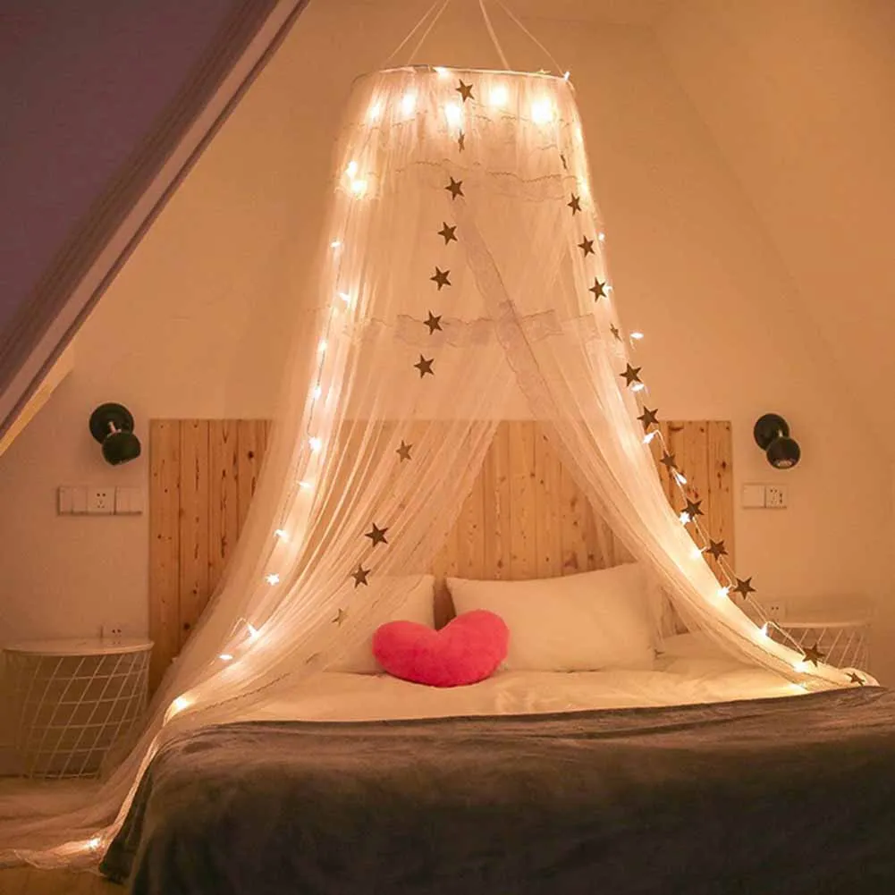 

Hung Dome Lace Mosquito Net Princess with Star Lights Star Decoration Nets Curtain for Bedding 2018ing