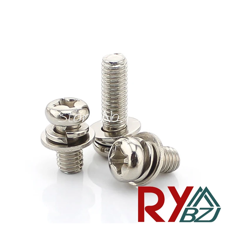 100pcs/lot M3/M4/M5/M6*L Round head screws with flat washer spring washer Carbon steel Three