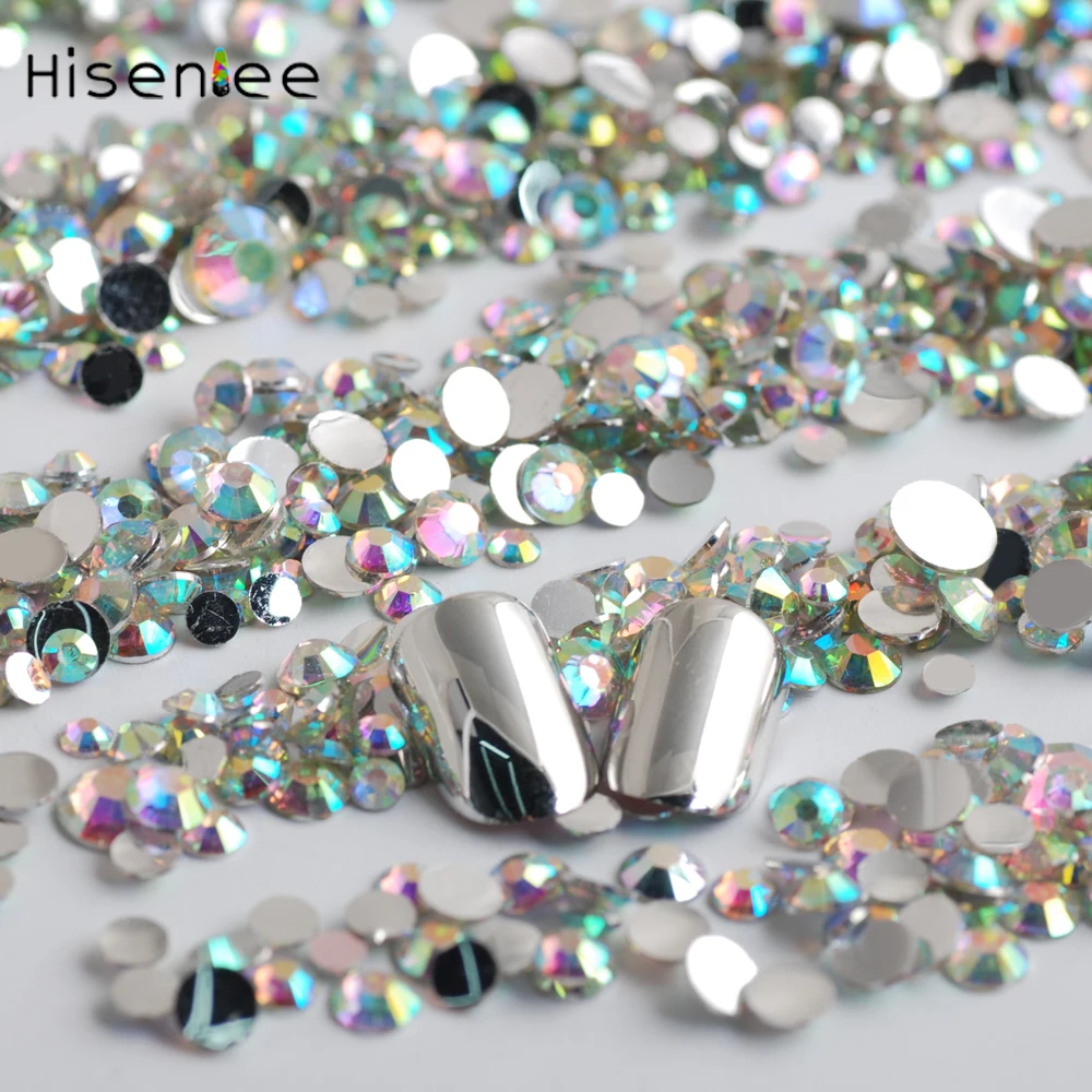 Hisenlee 3000 шт./пакет 30 грамм смеси размеры Crystal Clear AB акрил Rhinestone Самоцветы Nail rhinestoens для Гвозди 3D Дизайн ногтей украшения