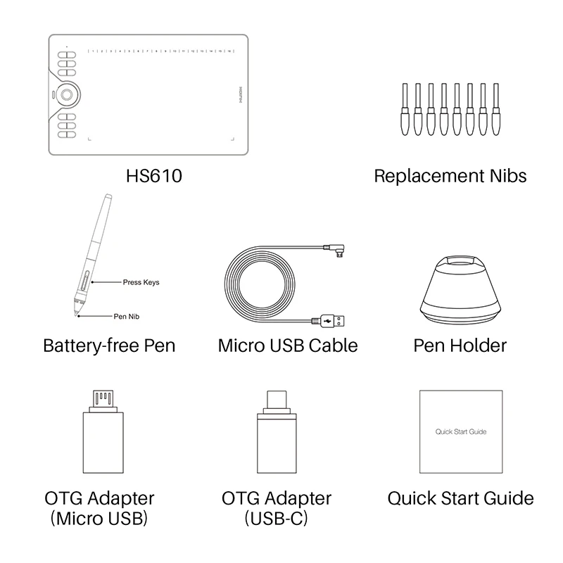 HUION HS610 графические планшеты цифровая ручка планшет телефон планшет для рисования с наклоном OTG без батареи стилус для Android Windows macOS