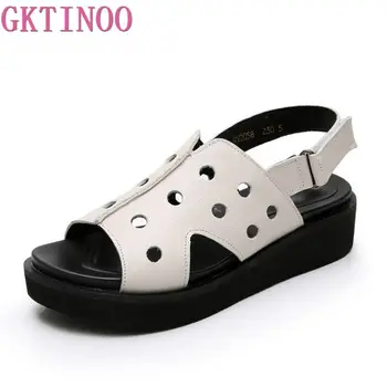 

2019 Genuine Leather Hollow out Women Sandals Peep Toe Platform Summer Shoes Female Retro Sandals Handmade Women Wedges Shoes