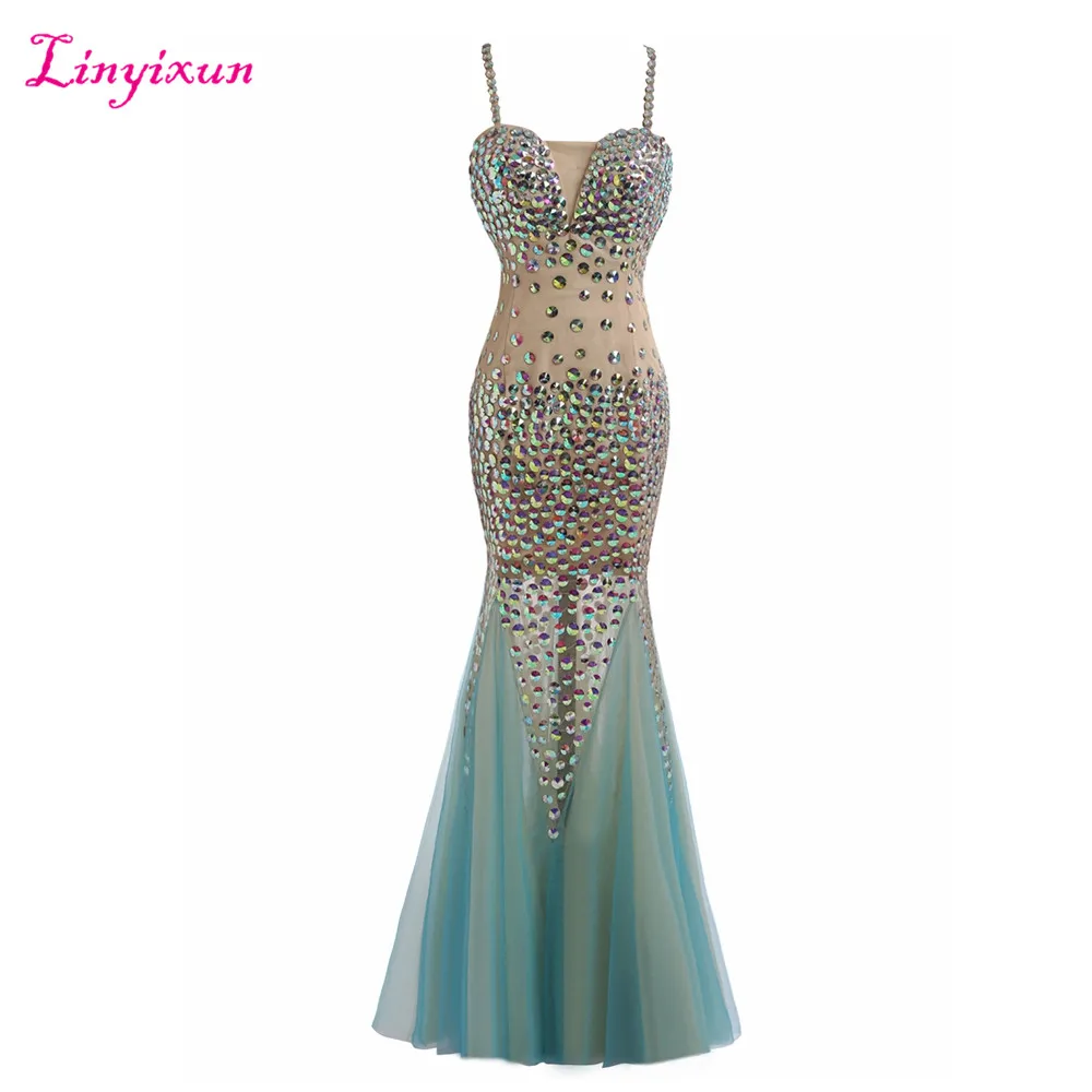 

Linyixun Real Photo Luxury Crystal Mermaid Prom Dresses 2017 Spaghetti Strap Sweetheart Evening Party Gown Vestido de festa