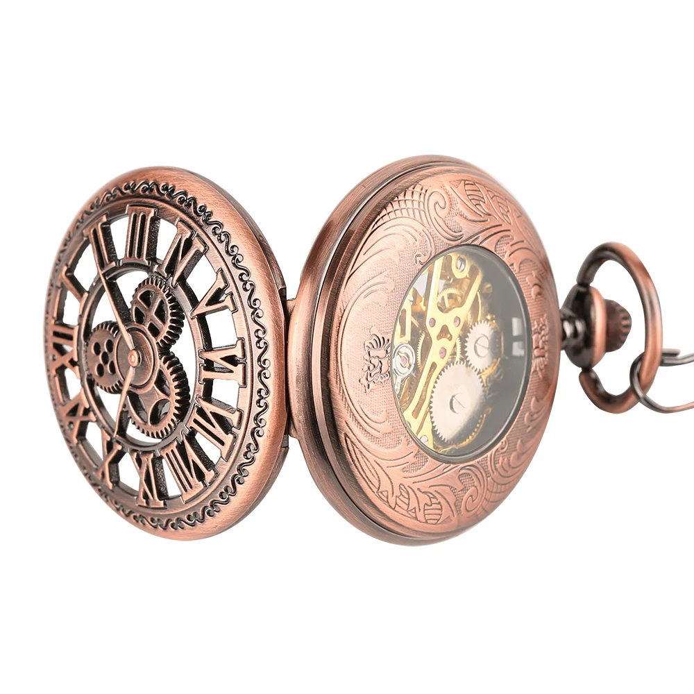 Fob Mechanical Hand Winding Pocket Watches With Chain Steampunk Necklace Gear Hollow Red Bronze Roman Numbers Unisex Watch reloj (2)