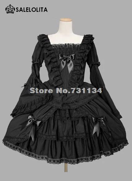 Черный труба с длинными рукавами гофрированное хлопковое платье Лолита, готический шар платье для женщин