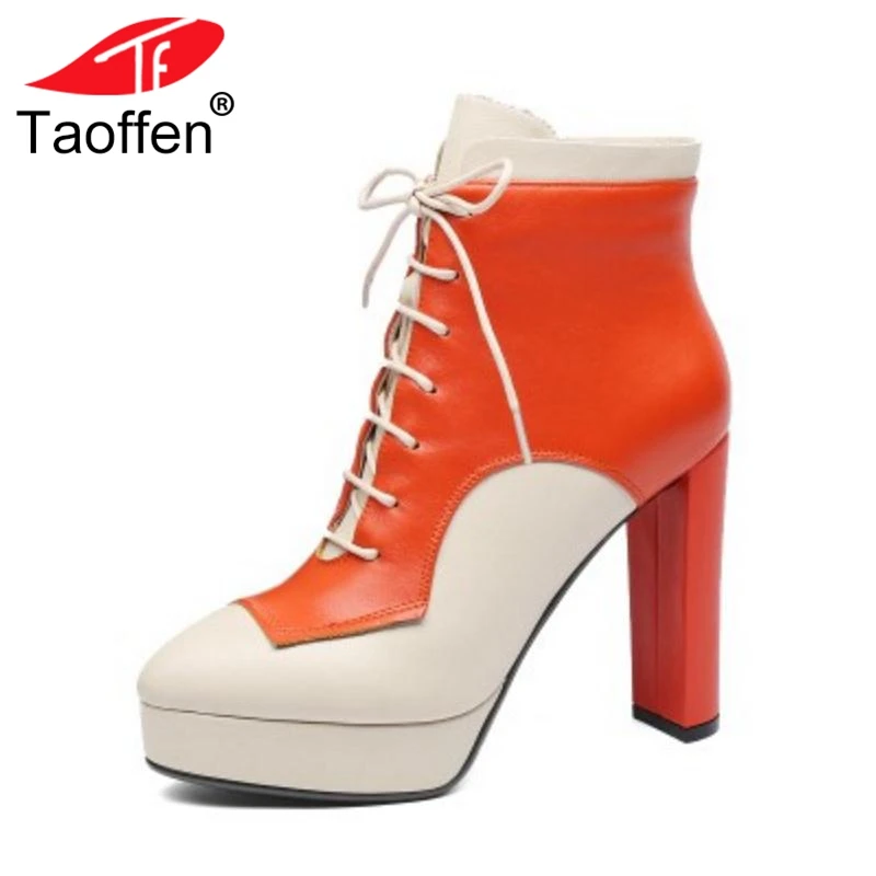 

TAOFFEN Women Genuine Leather Ankle Boots Winter Lace Up High Heel Boots Mixed Color High Quality Platform Shoes Size 34-39