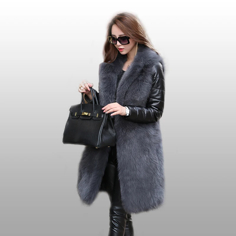 Women's Real Fur Coat Fox Fur with Removable Sleeves Down Filled Genuine Leather Coat gl0002