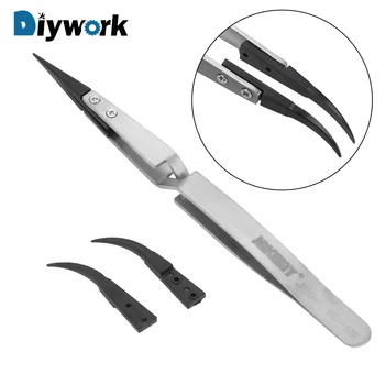 

DIYWORK Anti-static ESD Tweezers for Phone Repair BGA Work Reverse Action Tweezer with Curved & Straight Plastic Tip