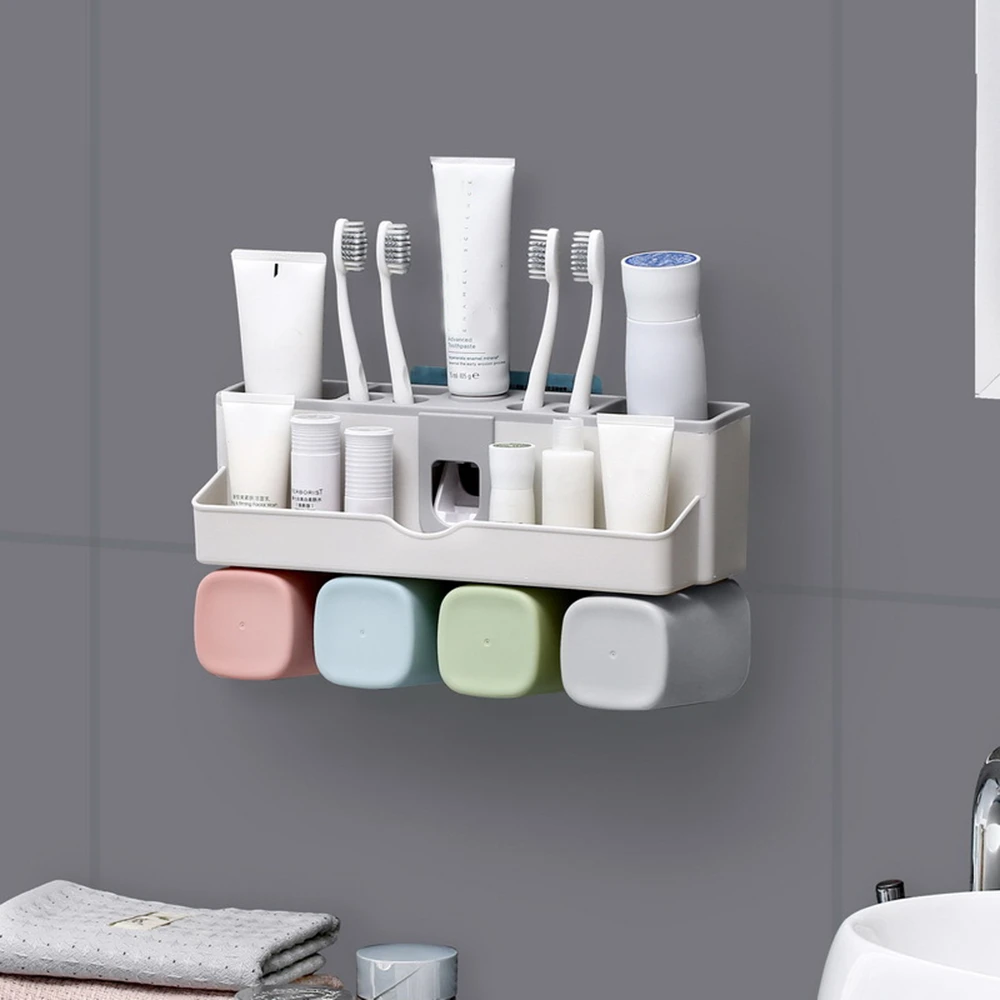 Toothpaste Dispenser Toothbrush Holder No Drill Wall Mount Bathroom Storage Rack Toothpaste Dispenser Toothbrush Holder No Drill Wall Mount Bathroom Storage Rack