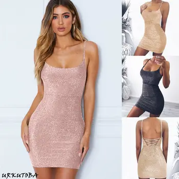 

Women Sexy Glitter Clubwear Cocktail Night Sequined Party Evening Short Halter Neck Mini Slim Bandage Bodycon Dress Backless