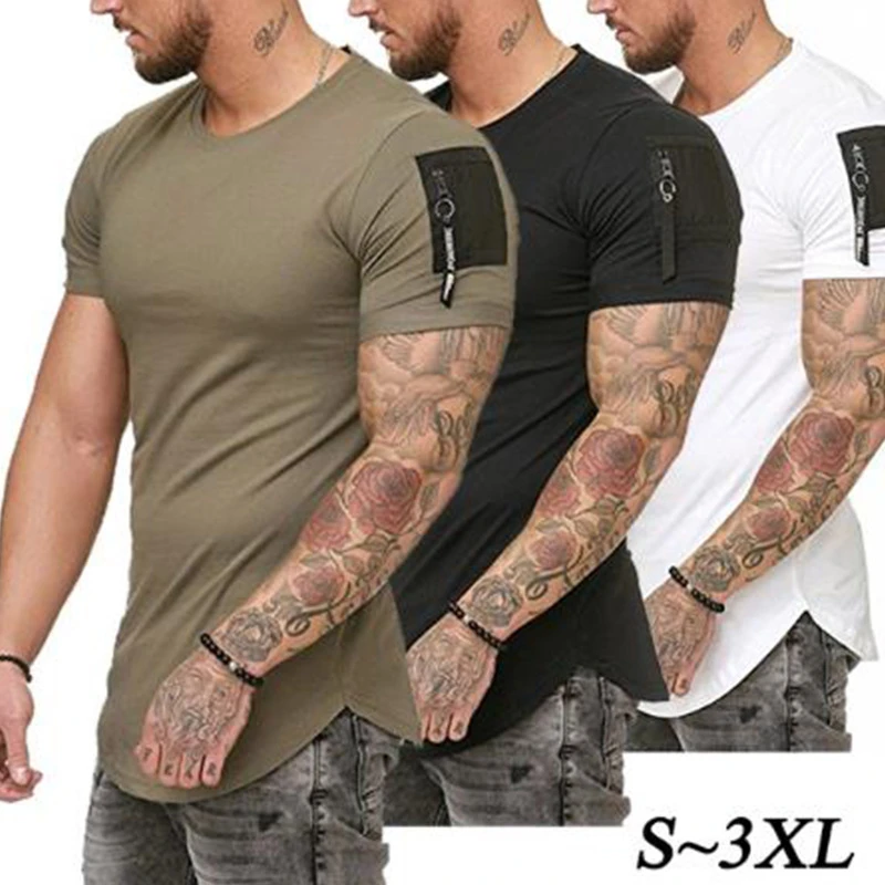 Короткий рукав молния плечо уличной хип-хоп летняя футболка мужская удлиненная изогнутые подол футболка Тонкий Забавный футболка плюс Размеры S-3XL