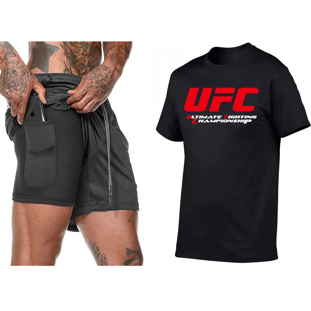 

2019 New Summer Men T shirt cotton UFC printing T-shirt+Men's 2 in 1 Running Shorts Security Pockets Leisure Shorts suit