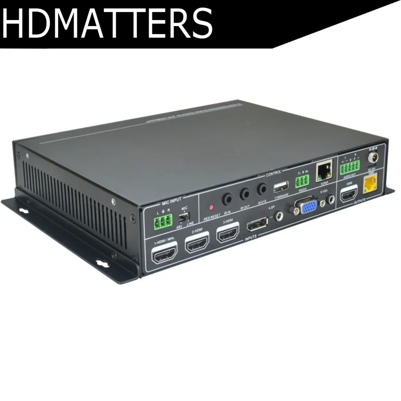 DP to VGA HDMI бесшовный видео коммутатор скейлер Для 3xhdmi+ VGA+ PD до HDMI конвертер масштабирования удлинитель HDBaseT RS232 ИК Mic Аудио