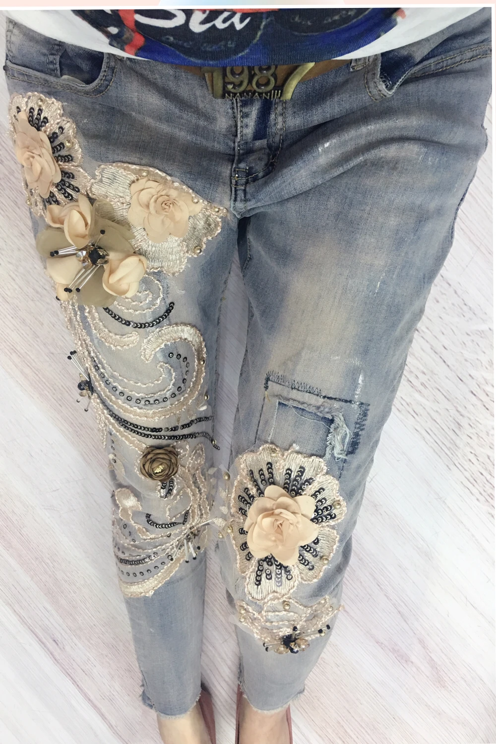 Новое поступление, летняя мода, джинсы с вышивкой, с цветочным принтом, узкие брюки, джинсы высокого качества, женские узкие джинсы