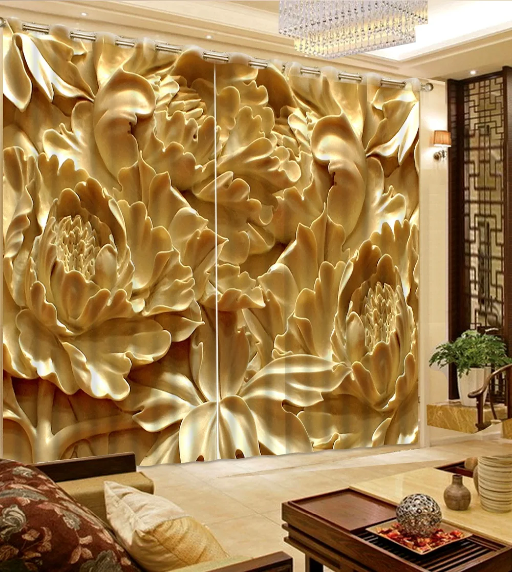 

Chinese Luxury Curtains 3D Window Curtain Living Room Bedroom Stereo jade Lotus Photo Curtains Polyester/Cotton Thick Drapes