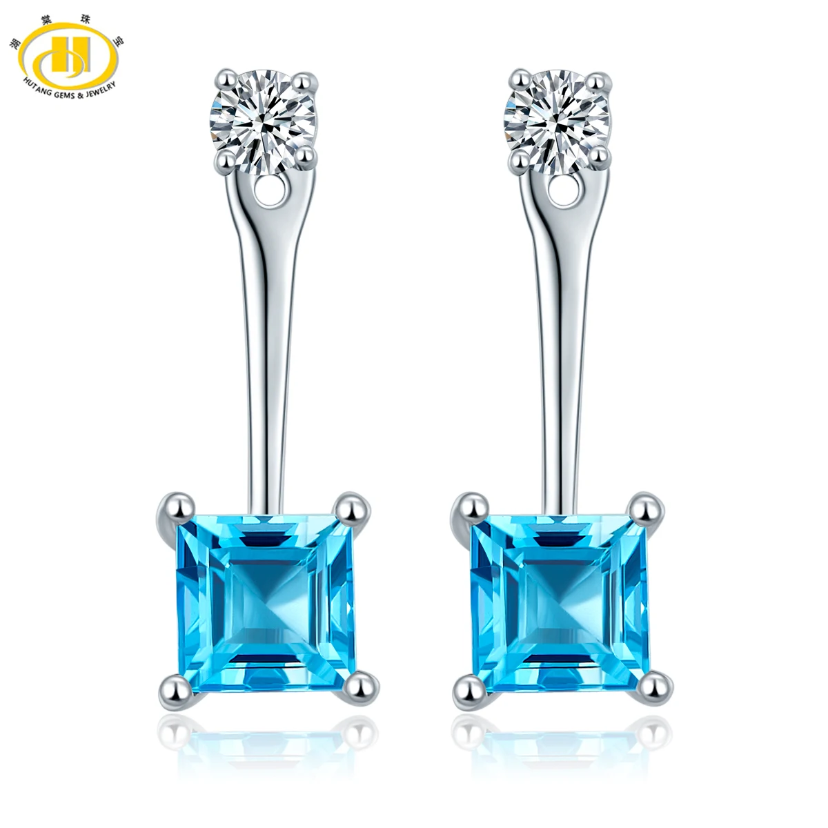 

Hutang Genuine Blue Topaz drop Earrings Solid 925 Sterling Silver Gemstone Fine Jewelry Double Side Earring for Women 2017