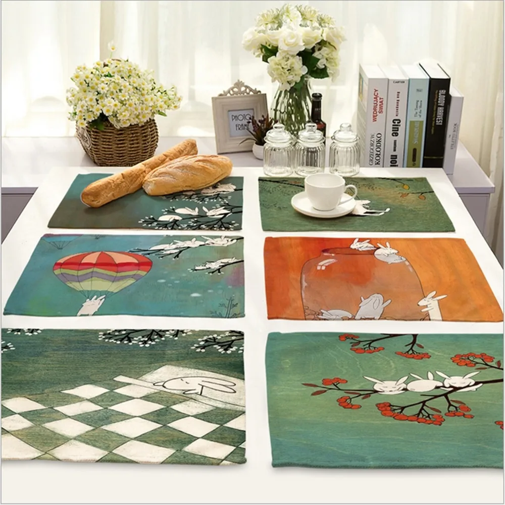 

Home Decor Cartoon Rabbit Placemat Linen Fabric Table Mat Dishware coasters For Kitchen Accessories Wedding Party Decoration